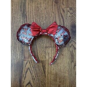 Disney Minnie Mouse Holiday Sequined Ear Headband - Red & Silver With Red Bow